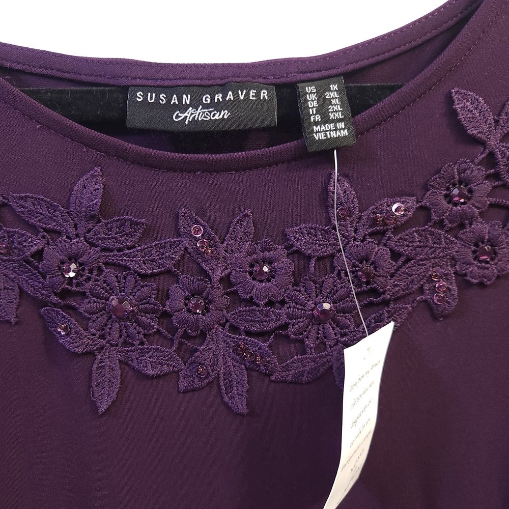 Susan Graver Deep Purple Lace Accent Top - Picture 2 of 7